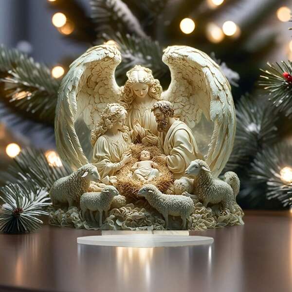 Acrylic Nativity Scene Display, Ideal For Home And Office Decor, Perfect Christmas Gift, Beetle Wood Frame Suitable For Porch And Room