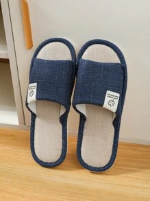 男士亚麻字母標籤裝飾臥室拖鞋 - 藏蓝色 - 查看 4