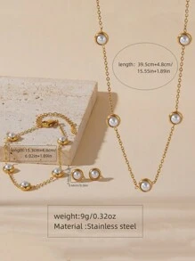1 set Elegante collar de acero inoxidable con decoración de cuentas de plástico blanco y pendientes a juego de acero inoxidable, adecuado para uso diario o fiestas de mujeres, puede ser un regalo en días festivos