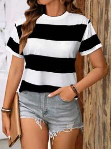 Women's Striped Printed Round Neck Short Sleeve Casual T-Shirt Summer Outfits For Women,Leisurely Tops For Women Summer Clothes