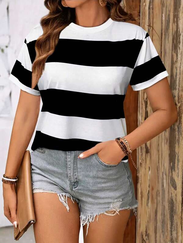 Women's Striped Printed Round Neck Short Sleeve Casual T-Shirt Summer Outfits For Women,Leisurely Tops For Women Summer Clothes