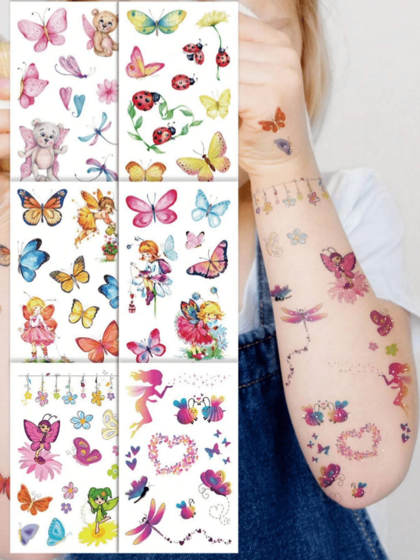 1/2/3/6/10/20pcs Cartoon Cute Children Glitter Temporary Tattoo Stickers - Fairy, Butterfly, Flower, Ladybug, Dragonfly Designs, For Daily Use, Party, Holiday, Gift, Waterproof Body Arm Decoration , Back To School Gifts