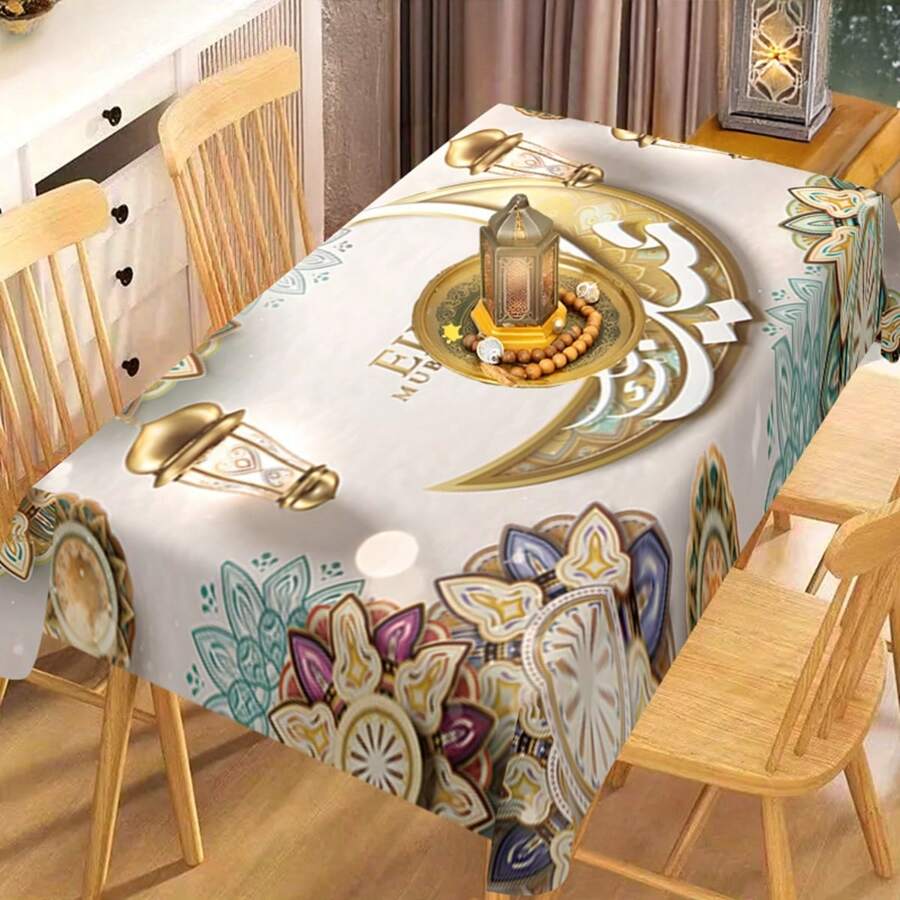 1 st Ramadan Kareem polyesterduk, konstdesign mån och lykta mandala tryckt bordsduk, rektangulär Eid Mubarak bordsduk, maskintillverkad, för inomhus och utomhus muslimska högtider, festlig inredning, ramadan heminredning, ramadan present - Multifärgad - Visa 1