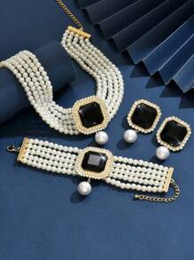 4pcs Set Luxury Exaggerated Pearl, Rhinestone, Crystal Necklace, Earrings, Bracelet Jewelry Set, Suitable For Women Wedding, Party, Holiday Gift