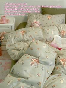 4pcs Mushroom Design Bedding Set, Cute Cartoon Polyester Printed Duvet Cover Set, Mushroom Rabbit Flower Pattern, Children's Bedding Set (1 Duvet Cover + 1 Bed Sheet + 2 Pillow Cases, No Filler)