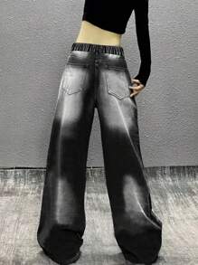 Teens/Girls' Loose Fit Distressed Washed Straight Leg Casual Jeans, American Style - Black - View 3