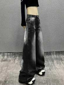 Teens/Girls' Loose Fit Distressed Washed Straight Leg Casual Jeans, American Style - Black - View 2