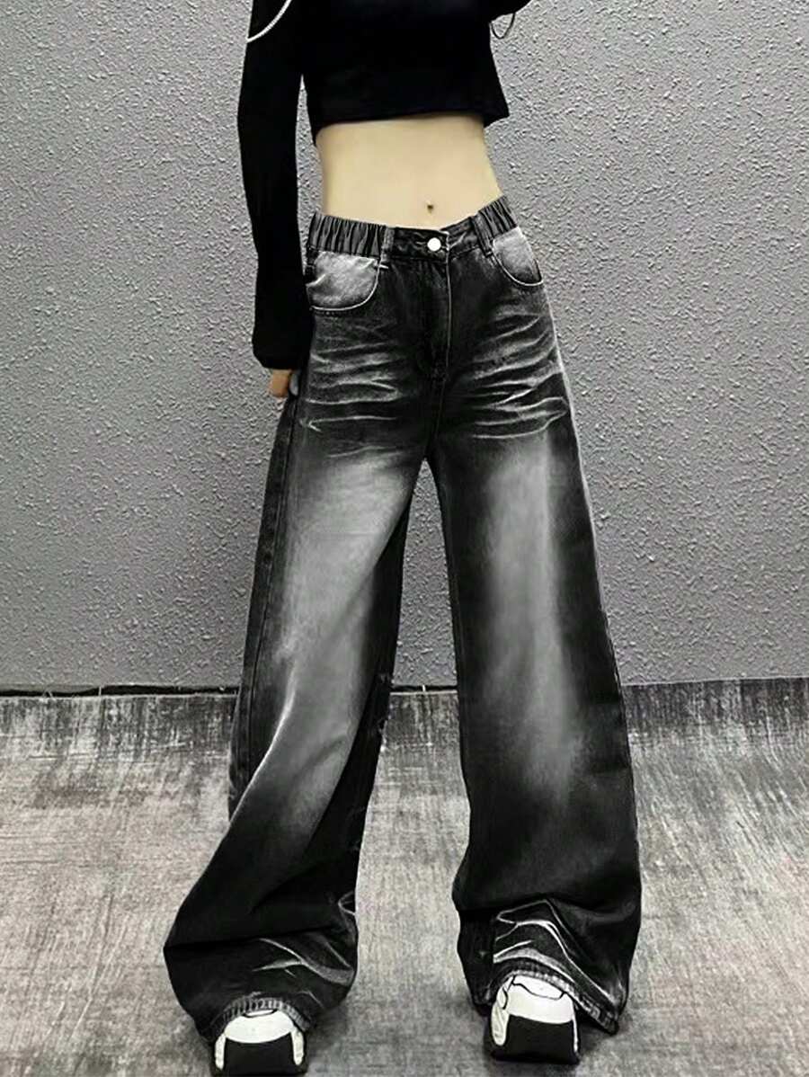 Teens/Girls' Loose Fit Distressed Washed Straight Leg Casual Jeans, American Style - Black - View 1