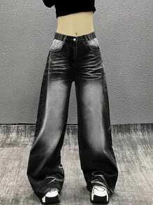 Teens/Girls' Loose Fit Distressed Washed Straight Leg Casual Jeans, American Style - Black - View 5