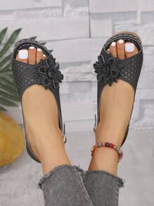 女士镂空透气圆头高跟凉鞋，时尚休闲法式厚底鞋，夏季佳选，母亲节礼物 - 黑色 - 查看 6
