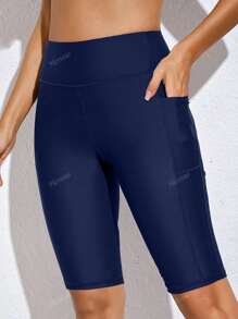 Women's High Waisted Swim Shorts With Pockets Solid Board Short Pants Bathing Suit Bottoms For Swimming, Beach & Summer
