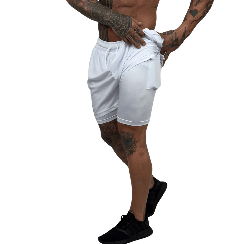 Men's Gym Training Shorts With Compression Pocket Double Elastic Lining Dryfit - White - View 1