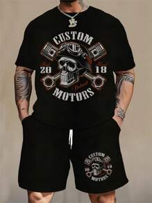 2 Pieces Plus Size Men's Motorcycle Skeleton Graphic Sporty T-Shirt Set, Suitable For All Seasons - Black - View 1