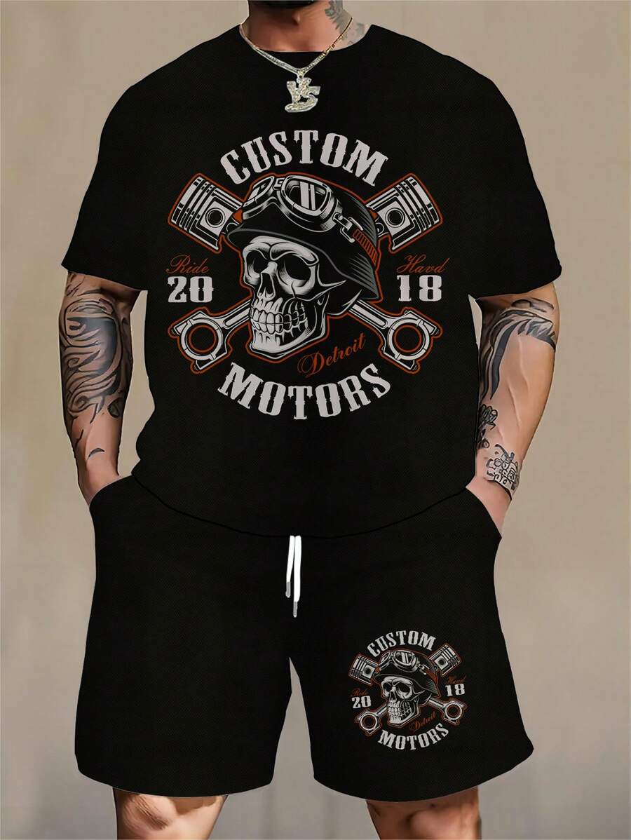 2 Pieces Plus Size Men's Motorcycle Skeleton Graphic Sporty T-Shirt Set, Suitable For All Seasons - Black - View 1