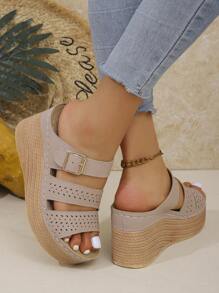 女士夏季新款纯色扣厚底坡跟凉鞋，时尚百搭休闲增高一脚蹬高跟拖鞋