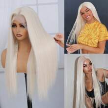 Platinum Blonde Synthetic Lace Front Wig Pre Plucked Ready To Wear 13x4 HD Glueless Straight Lace Front Wig For Women Natural Looking Synthetic Heat Resistant Fiber Platinum Blonde Wig 26inch - 白金金髮女郎 - 查看 2