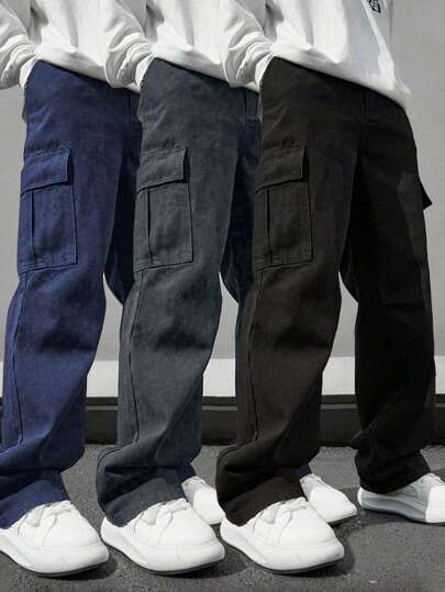 3pcs Tween Boy Solid Color Simple Casual Sport Outdoor Straight Leg Cargo Pants With Big Pockets, Autumn/Winter