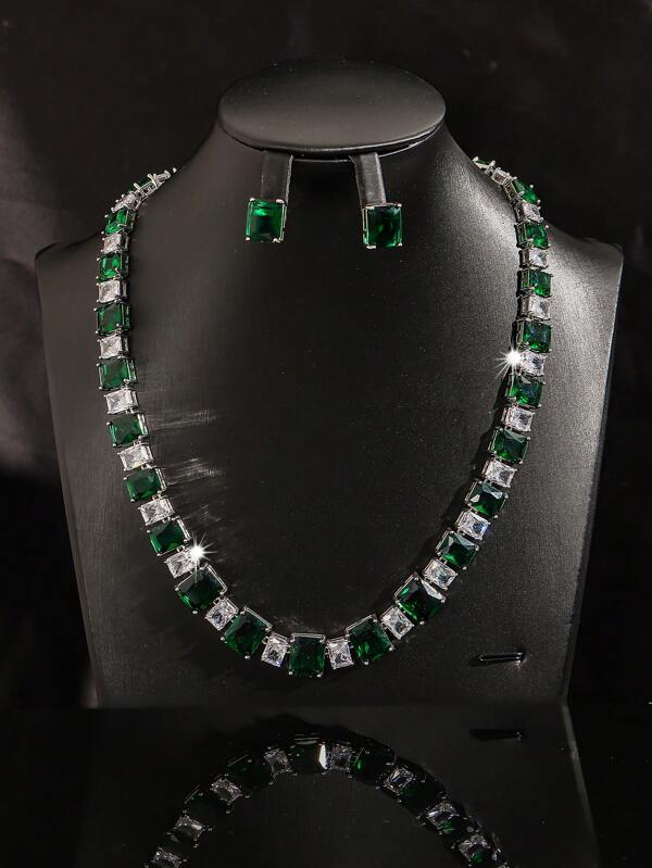 Set de 3 piezas de collar y aretes con diseño geométrico cuadrado de circonita verde, adecuado para uso diario de las mujeres