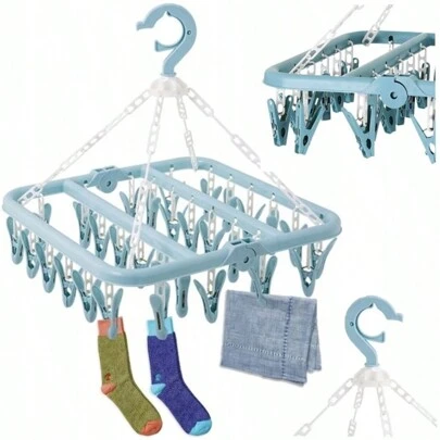 Wieszak do suszenia ubrań z 32 haczykami, przenośny składany wieszak do suszenia ubrań do suszenia skarpet, bielizny, ręczników, szalików, suszarka do skarpet Wieszak do suszenia ubrań z 32 kołkami, wieszak na skarpetki Składany wiszący wieszak na skarpetki Wiatroodporny wielofunkcyjny stojak do suszenia skarpet, bielizny, biustonosza, dziecka ubrania i drobne przedmioty, WIESZAK NA KLIPSY, SUSZARKA NA KLIPSY, przenośny składany wieszak na ubrania