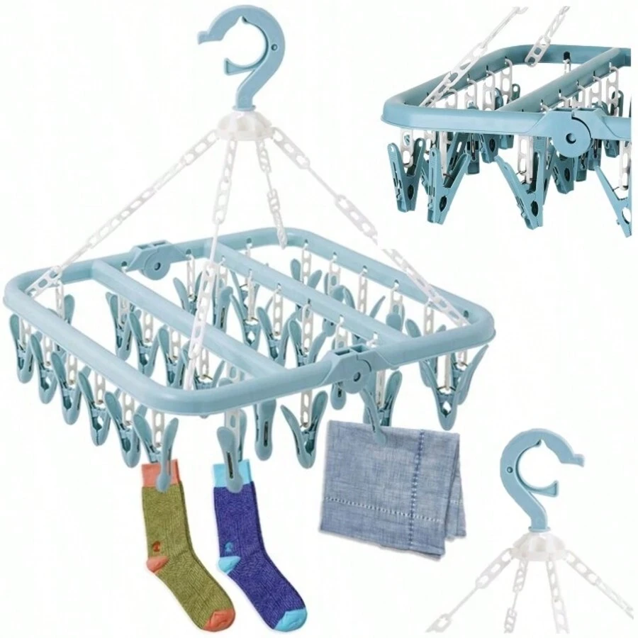 Clothes Drying Rack With 32 Hooks, Portable Folding Hook Clothes Drying Rack For Drying Socks, Underwear, Towels, Scarves, Sock Dryer Clothes Drying Hanger With 32 Pegs, Sock Hanger Foldable Hanging Sock Rack Windproof Multifunction Drying Rack For Socks, Underwear, Bra, Baby Clothes And Small Items, CLIPS HANGER, CLIPS DRYER,Portable Folding Hook Clothes - Multicolor - View 1