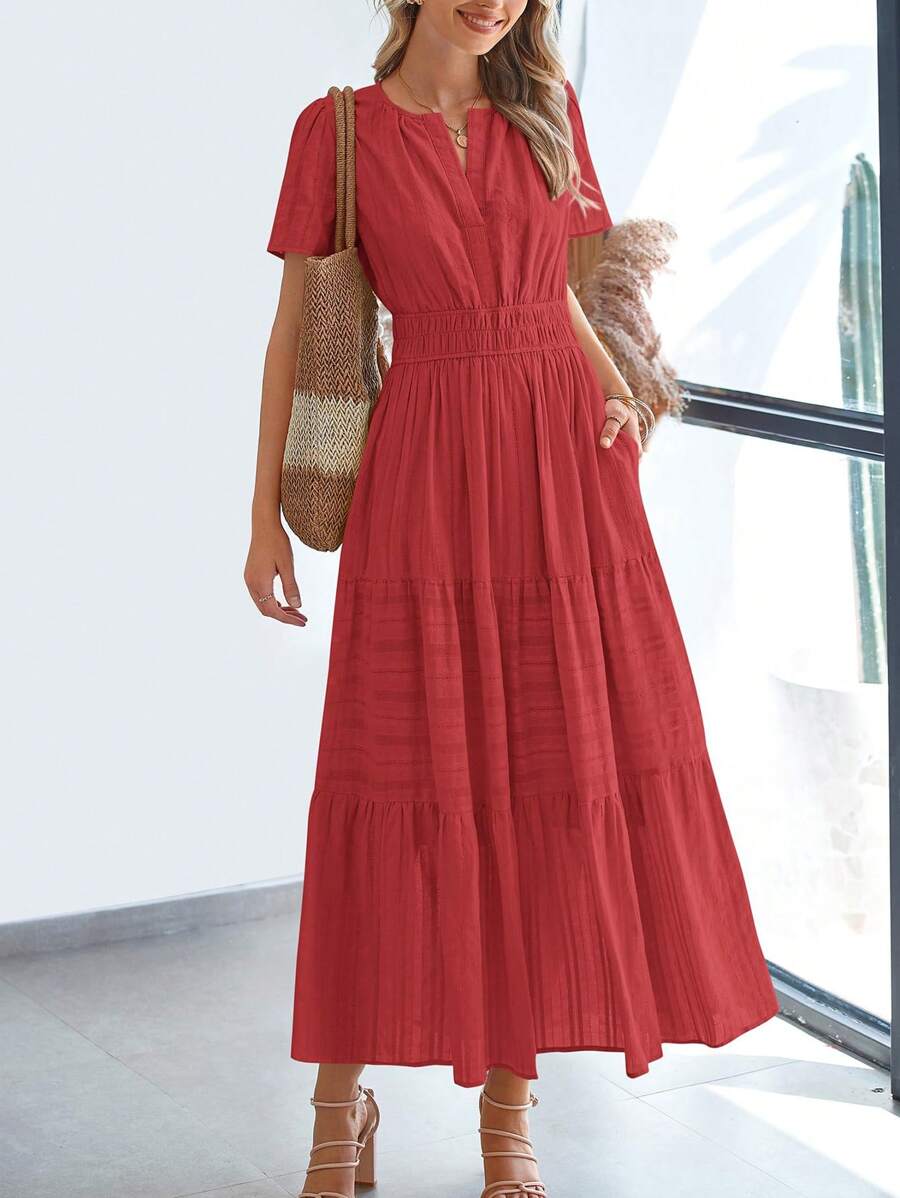 Womens Summer Maxi Dresses Short Sleeve High Waist Tiered Flowy A-Line Boho Bohemian Beach Long Dress Holiday Vacation Beach Valentine Long Dress Outfit - Đỏ - Xem 1