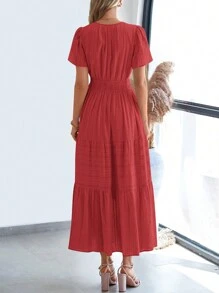 Womens Summer Maxi Dresses Short Sleeve High Waist Tiered Flowy A-Line Boho Bohemian Beach Long Dress Holiday Vacation Beach Valentine Long Dress Outfit - Đỏ - Xem 2