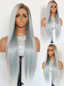 Highlight Pink Cyan Grey 13x4 Lace Frontal Wig Pre Plucked Glueless Long Straight 3 Tone Brown Roots Ombre Cyan Skunk Stripe Pink Synthetic 13x4 Lace Front Wigs For Women 24 Inches - 間色 - 查看 4