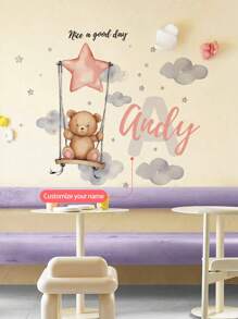 1pc Customizable Your Name Swinging Bear With Stars Wall Sticker, Removable For Bedroom, Living Room, Kids Room Decor,Multi-Functional, ,Ornamental,Reusable,Exquisite,Stylish,High-Quality,Colorful,Modern,Custom,Personalized,Unique,Ideal Gifts For Him,Ideal Gifts For Her,Boyfriend,Dad,Girlfriend,Mom,Family,Friends,Tea Room,Home,Garden,Office,For Anniversaries,For Valentine's Day,For Mother's Day,For Birthdays,For Father's Day,For Graduation,For Weddings,For Housewarming,Home Refresh