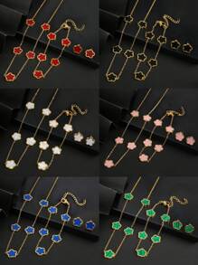 4 件套女士不锈钢五瓣花项链、手链、耳环首饰套装