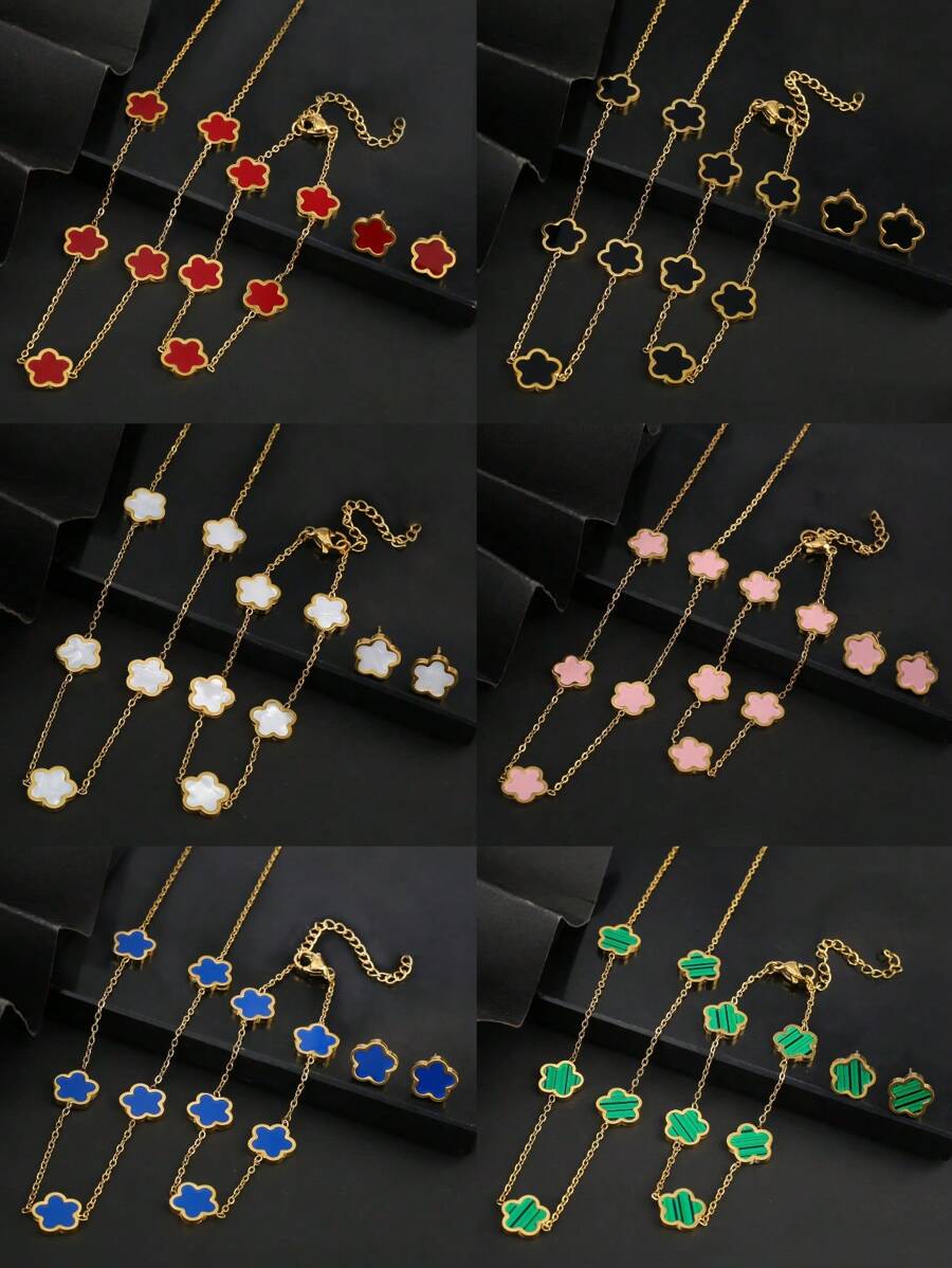 4 件套女士不锈钢五瓣花项链、手链、耳环首饰套装