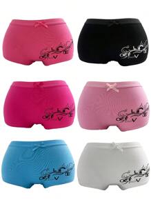 6Pcs/Lot Women Cotton Comfort Boxers Underwear Print LOVE Good Lucky Dragon Year Shorts Boyshort Panties Knickers Intimates Lingerie(6 Color Random Delivery) - Nhiều màu - Xem 1