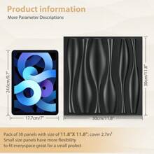 Aadesh 3D PVC Plastic Wall Panels, Suitable For Interior Wall Decoration, Waterproof And Heat-Resistant, With Grooved Texture. Ideal For Living Rooms, Halls, Bedrooms, Hotels, Offices, Game Rooms, And TV Accent Walls. 30cm * 30cm (Includes Installation Accessories). - 黑色水瓶30片 - 查看 2