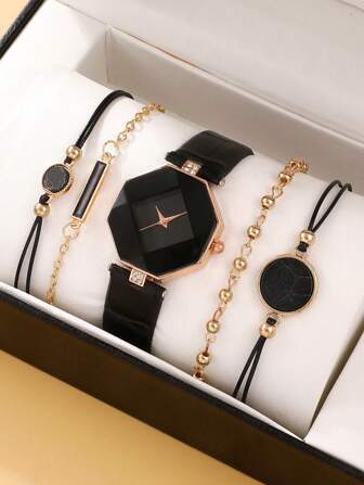 5 件/套女士石英表，带菱形表盘和手链套装，时尚简约设计