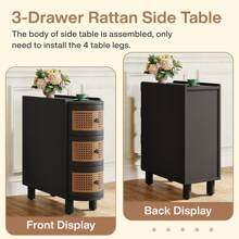 Tribesigns Solid Wood End Table, 3-Drawer Rattan Side Table, Night Stand With 3 Rattan Drawers And Exquisite Embossed Handles For Living Room, No Assembly Required (Black & Oak - màu đen - Xem 6