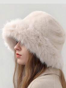 1 件女士厚混合纹理毛茸茸拼布装饰休闲优雅温暖百搭渔夫帽，适合日常穿着和外出