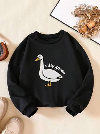 Sudadera casual de cuello redondo de manga larga con estampado de letra, pato y ganso, una vestimenta de moda adecuada para primavera y otoño, para una niña joven y fashionista
