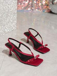 Women's French Fairy Style Square Toe Backless Sandals, Red Bowknot Open Toe High Heels, New Summer Design