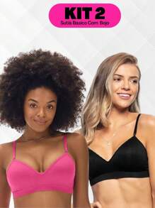 Kit 2 - Wire-Free Adjustable Thin Strap Fixed Cup Bra - Hot Pink - View 1