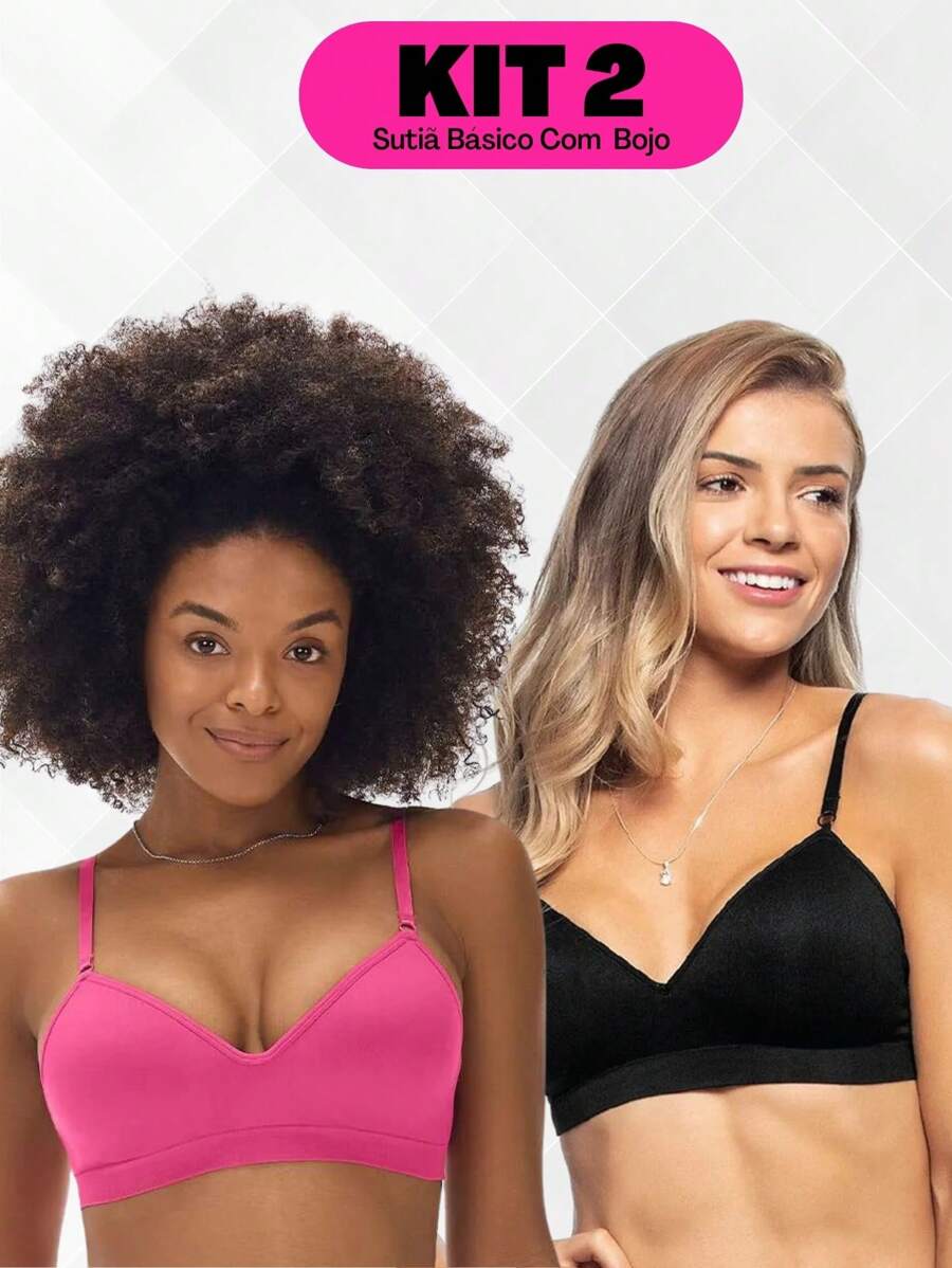 Kit 2 - Wire-Free Adjustable Thin Strap Fixed Cup Bra - Hot Pink - View 1