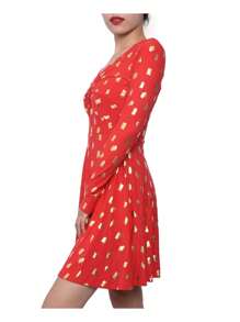PLANET GOLD Womens Long Sleeve V Neck Short Fit + Flare Dress - Red - View 3