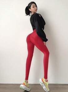 Women High Waist Peach Lift Yoga Pants, Sports Outdoor Fitness 3/4 Leggings - Burgundy - View 4