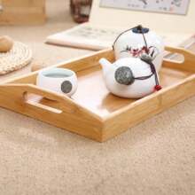 Wide Bamboo Organizer Tray Storage Bin With Handles For Cutlery Serving Spoons Cooking Utensils Teapot Teacup