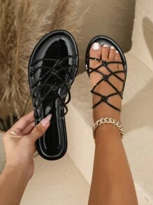 女士时尚交叉绑带人字凉鞋，2025 年夏季新款时尚百搭仙女风平底罗马凉鞋，网红爆款 - 黑色 - 查看 2
