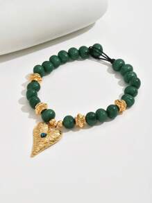 Elegant Vintage Quality Sexy Heart-Shaped Glass Inlaid Pendant With Golden Floral Pattern, Oval Resin With Asymmetrical CCB Metal Beads, Available In Bohemian, Dopamine, Brown Amber, Orange, Purple, Red Large Heart Pendant Necklaces, Asymmetrical Floral Resin Beaded Large Pendant Necklaces, High-End Women Jewelry Necklaces - Multicolor - View 3