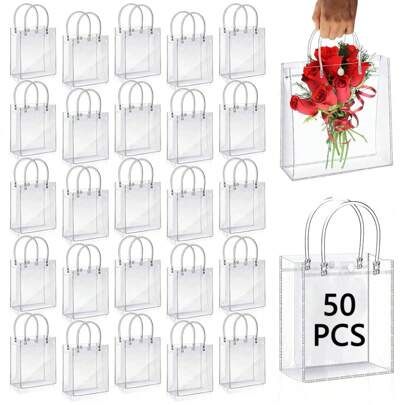 SHIXIONG 50 PCS Bolsas Transparentes Para Dulces Con Asa, Bolsa de Regalo Transparente PVC, Bolsa Transparente para Dulces Reutilizable, Perfecto Para Navidad, Halloween, Hodas, Obsequios de Fiesta