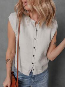 Fiyote Summer Solid Color Knit Elastic Front Button Sleeveless Sweater Vest