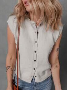 Fiyote Summer Solid Color Knit Elastic Front Button Sleeveless Sweater Vest
