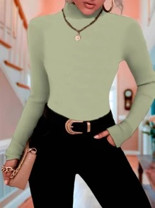 Blusa cuello de tortuga sexy ajustado manga larga para mujer - Verde Lima - Ver 1