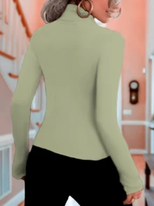 Blusa cuello de tortuga sexy ajustado manga larga para mujer - Verde Lima - Ver 3