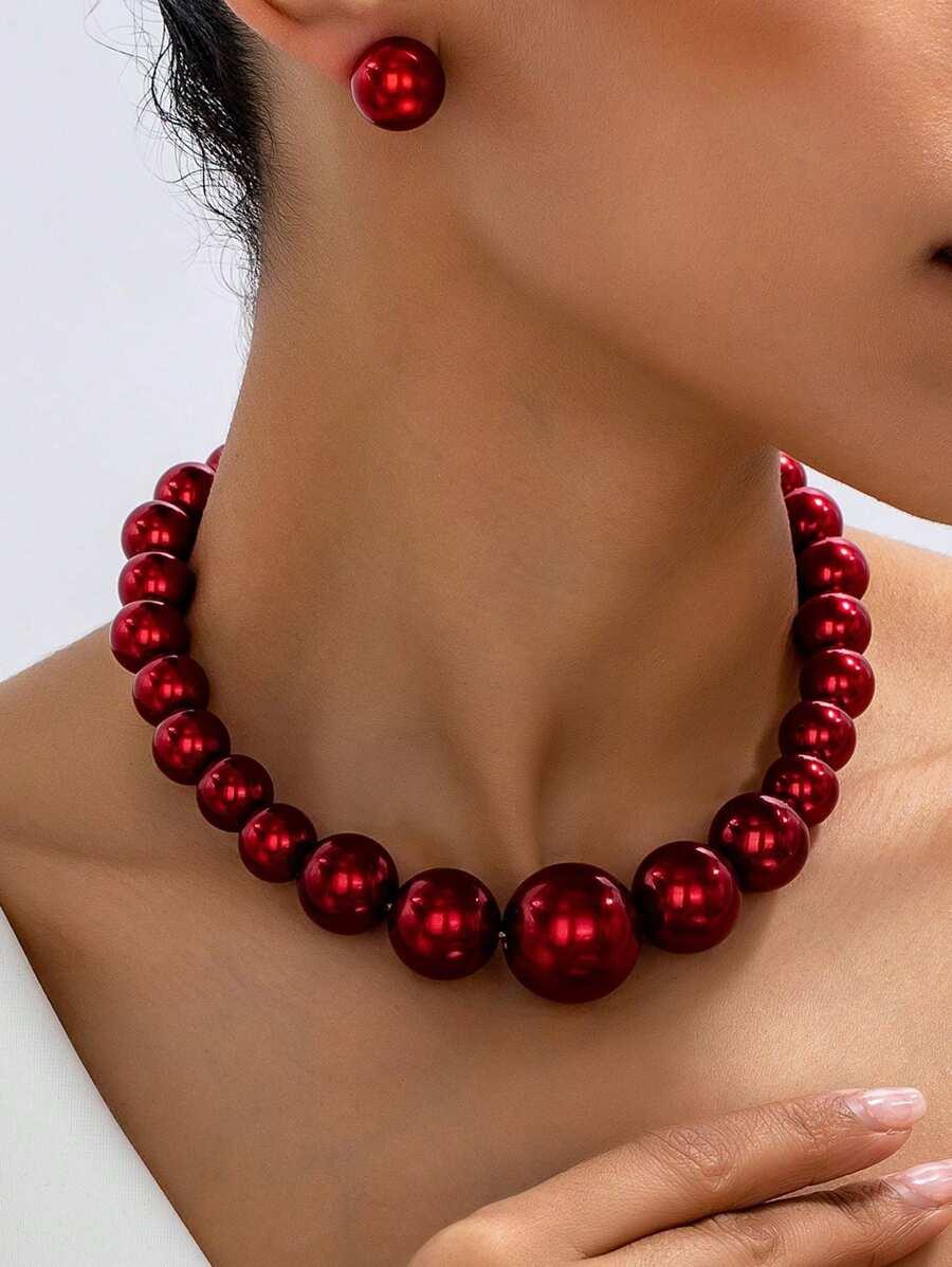 Luxurious & Elegant Faux Pearl Earrings And Necklace Jewelry Set, Suitable For Daily & Formal Wear And Gifting - Red - View 1